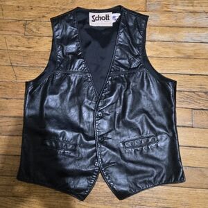 Vtg 80s Schott Bros NYC M Black Leather Vest Made in USA